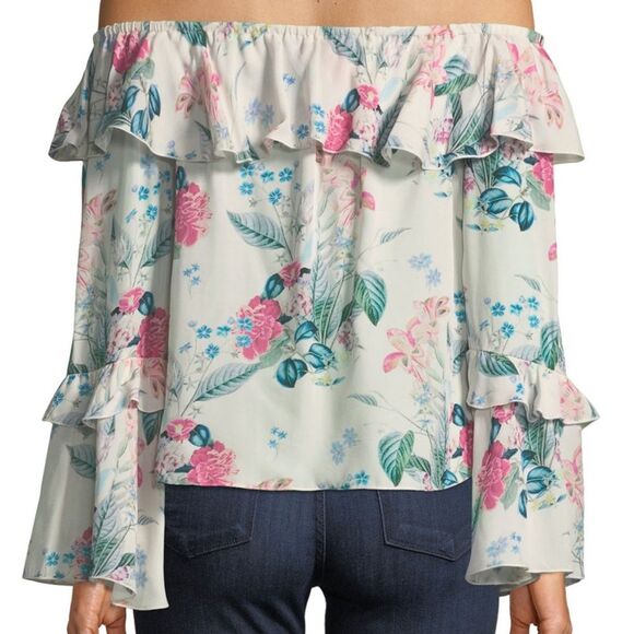 Parker floral 100% silk off shoulder top, flutter sleeves, ruffle neckli… - Picture 3 of 10